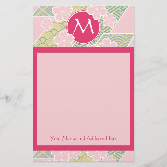Japanese Sakura Cherry Blossoms Geometric Patterns Stationery (Front)