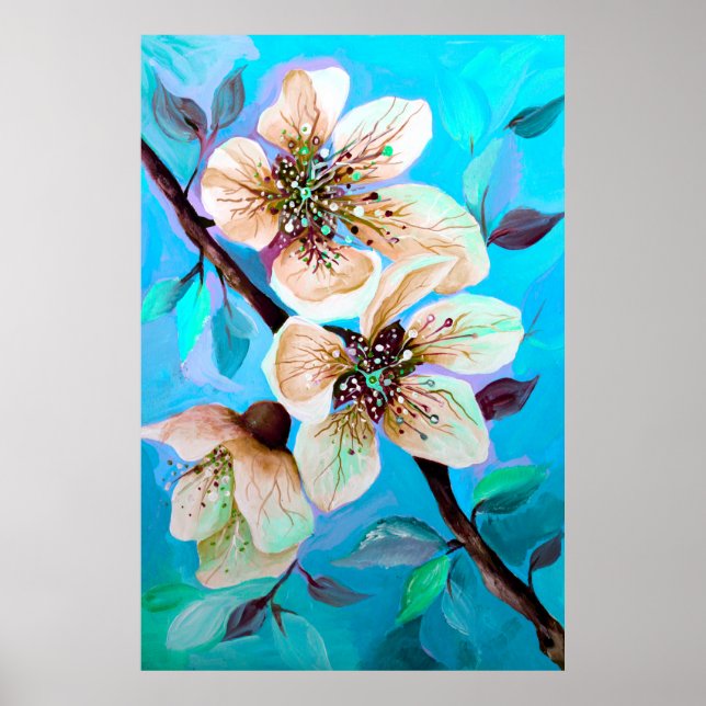 Japanese Sakura Cherry Tree Flowers in Aqua Blue Poster (Front)
