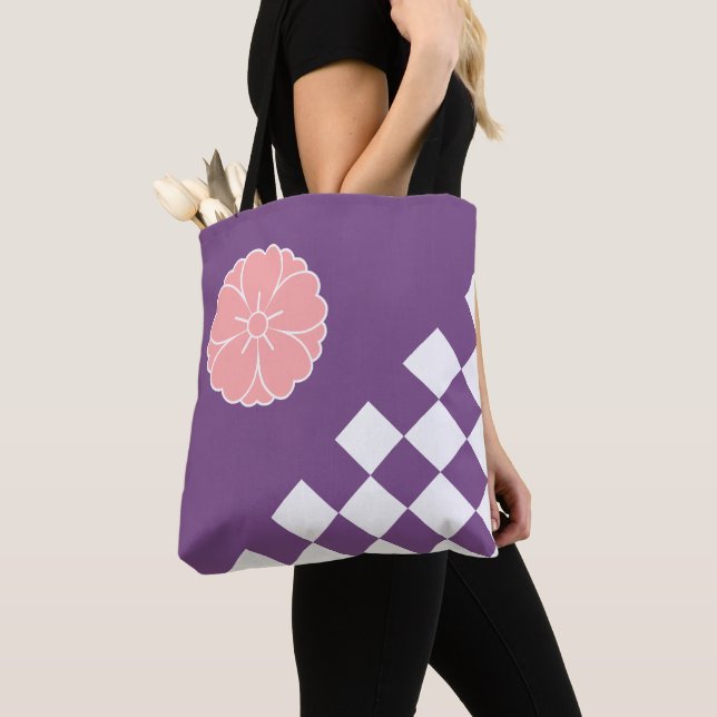 Japanese Sakura Emblem and Chequered Pattern Tote Bag (Close Up)