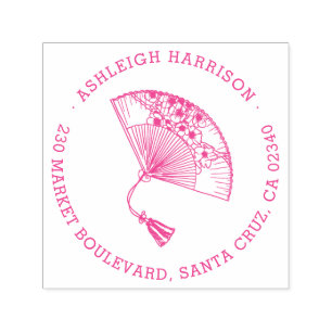 Japanese Sakura Fan Round Name & Return Address Self-inking Stamp