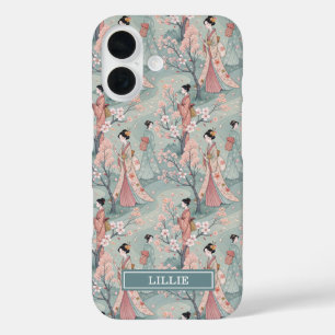 Japanese Sakura Geisha Pattern Monogrammed iPhone 16 Case