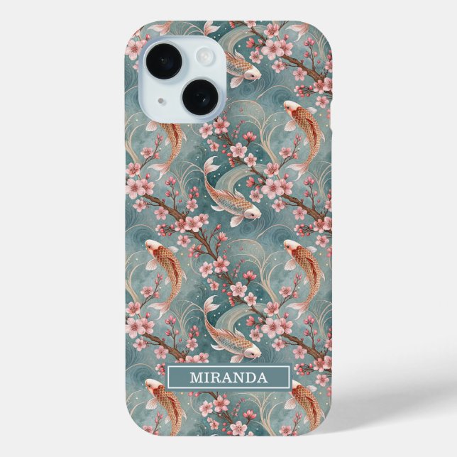 Japanese Sakura Koi Fish Pattern Monogrammed Case-Mate iPhone Case (Back)