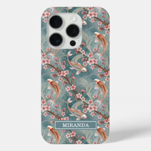 Japanese Sakura Koi Fish Pattern Monogrammed iPhone 15 Pro Case