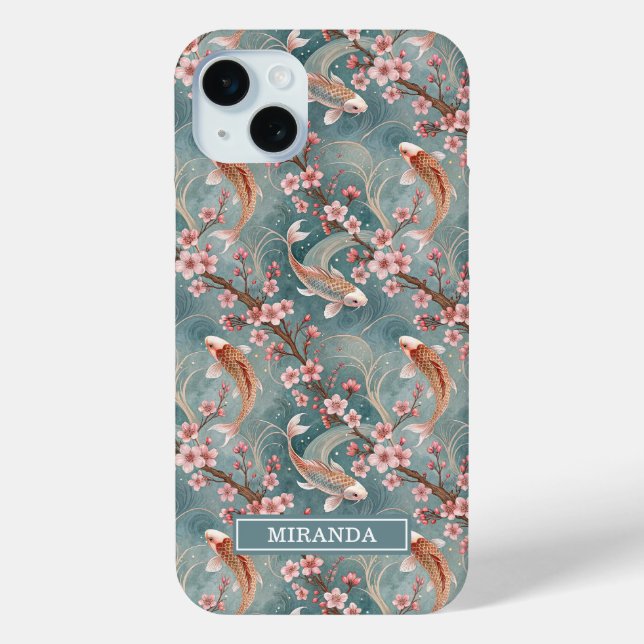 Japanese Sakura Koi Fish Pattern Monogrammed Case-Mate iPhone Case (Back)