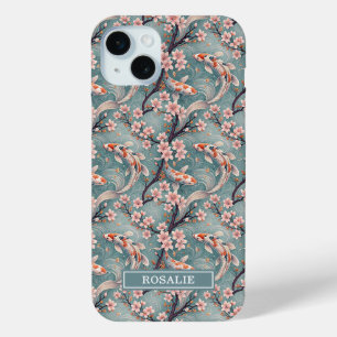Japanese Sakura Koi Fish Print Monogrammed iPhone 15 Mini Case