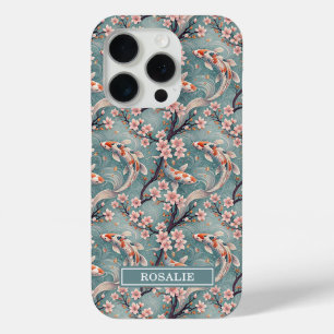Japanese Sakura Koi Fish Print Monogrammed iPhone 15 Pro Case