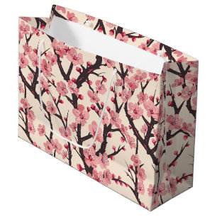 Japanese Sakura Pink Blossom Dark Branch Cream Large Gift Bag