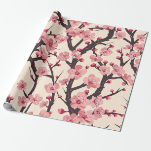 Japanese Sakura Pink Blossom Dark Branch Cream Wrapping Paper