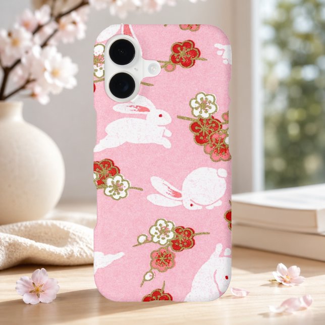 Japanese Sakura & Rabbits Pink iPhone 17 Case (Beautiful pink iPhone case)