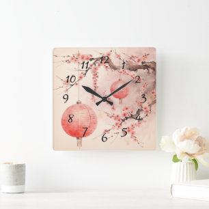 Japanese Sakura Tree and Lanterns Square Wall Clock