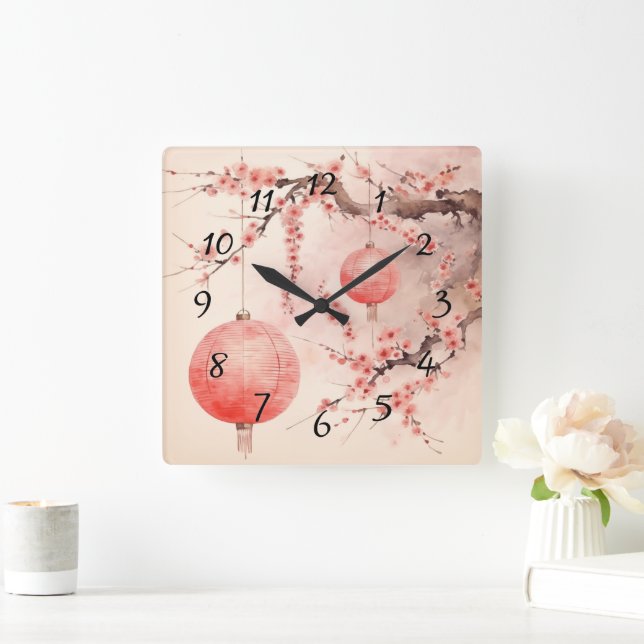 Japanese Sakura Tree and Lanterns Square Wall Clock (Home)