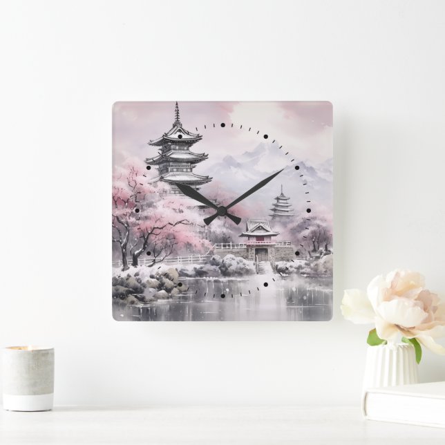 Japanese Sakura Tree Pagoda and Bridge Pink Grey Square Wall Clock (Home)