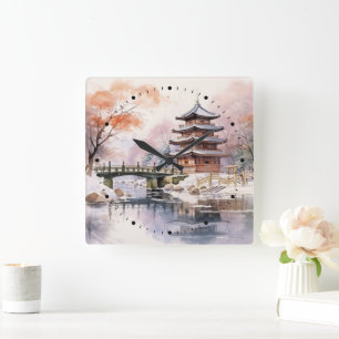 Japanese Sakura Tree Pagoda and Bridge Pink Grey Square Wall Clock