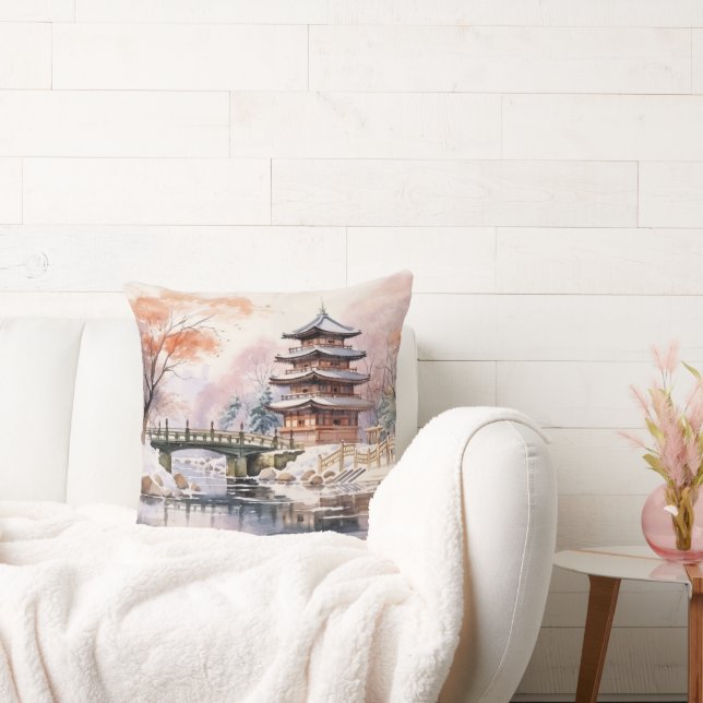 Japanese Sakura Tree Pagoda and Bridge Pink Grey Throw Pillow (Couch)