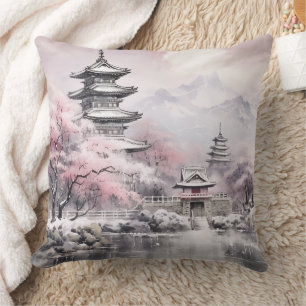 Japanese Sakura Tree Pagoda and Bridge Pink Grey Throw Pillow