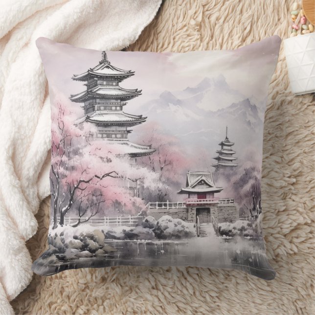 Japanese Sakura Tree Pagoda and Bridge Pink Grey Throw Pillow (Blanket)