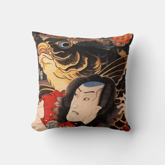 Japanese Samurai and Koi Fish Throw Pillow (Front)