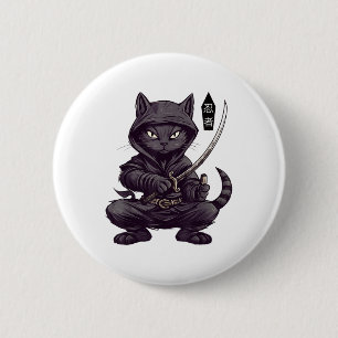 Japanese Samurai Black Cat Tattoo, Kawaii Ninja Bl 2 Inch Round Button
