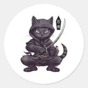 Japanese Samurai Black Cat Tattoo, Kawaii Ninja Bl Classic Round Sticker