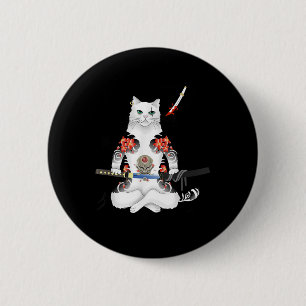 Japanese Samurai Cat Katana Ninja Yakuza Tattoo  2 Inch Round Button