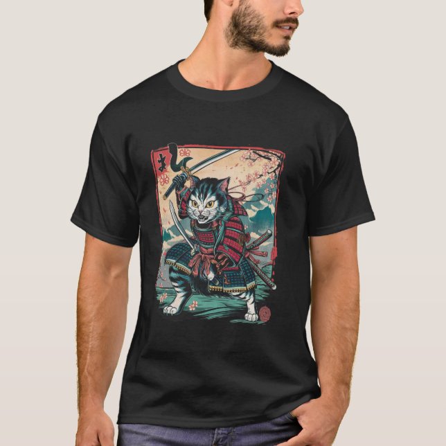 Japanese Samurai Cat Ninja Cat T-Shirt (Front)