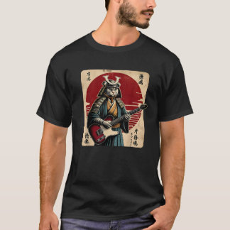 Japanese Samurai Cat Playing Electric Guitar Retro T-Shirt