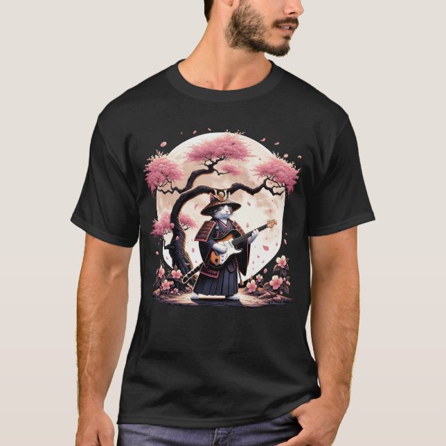 Japanese Samurai Cat Playing Electric Guitar T-Shirt (Front)