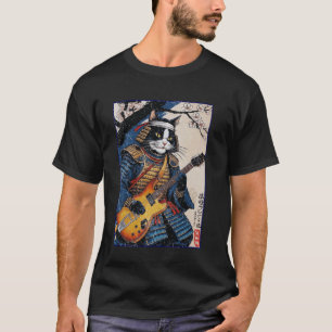 Japanese Samurai Cat Playing Electric Guitar Ukiyo T-Shirt