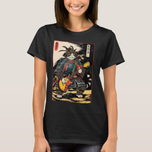 Japanese Samurai Cat Playing Electric Guitar Ukiyo T-Shirt