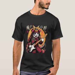 Japanese Samurai Cat Playing The Electric Guitar.  T-Shirt