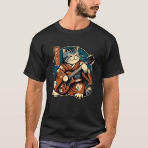 Japanese Samurai Cat Playing The Electric Guitar T-Shirt