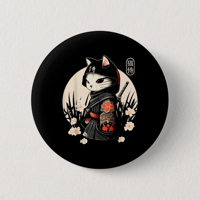 Japanese Samurai Cat Tattoo, Kawaii Ninja Cat _1  2 Inch Round Button (Front)