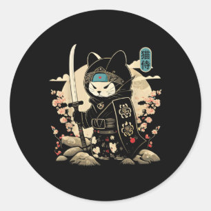 Japanese Samurai Cat Tattoo Kawaii Ninja Cat _1 Classic Round Sticker