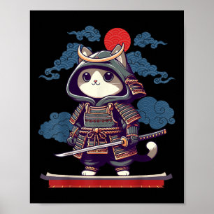 Japanese Samurai Cat Tattoo Kawaii Ninja Cat Anime Poster