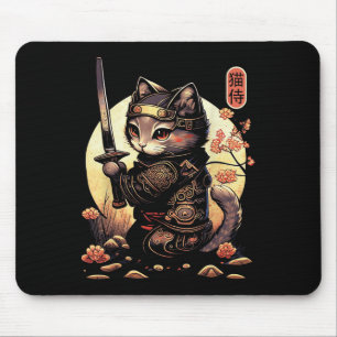 Japanese Samurai Cat Tattoo, Kawaii Ninja Cat Mouse Pad