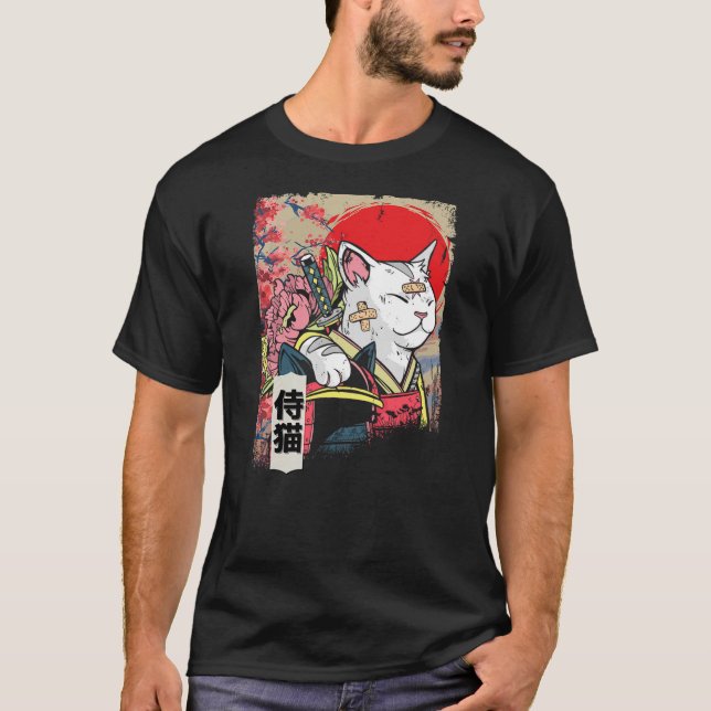 Japanese Samurai Cat Warrior Japan Ninja Kitten T-Shirt (Front)