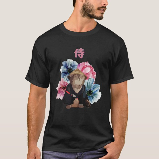 Japanese Samurai Cat Watercolor Flowers T-Shirt (Front)