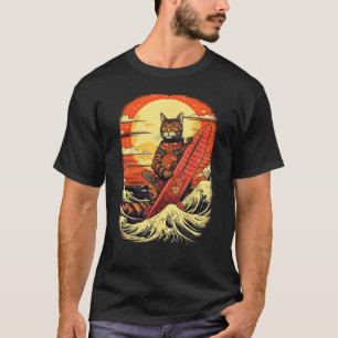 Japanese Samurai Cat with wave & mountain Illustra T-Shirt