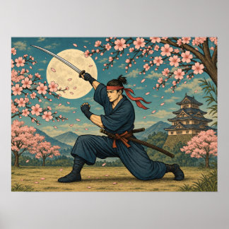 Japanese Samurai Full Moon Cherry Blossom Poster