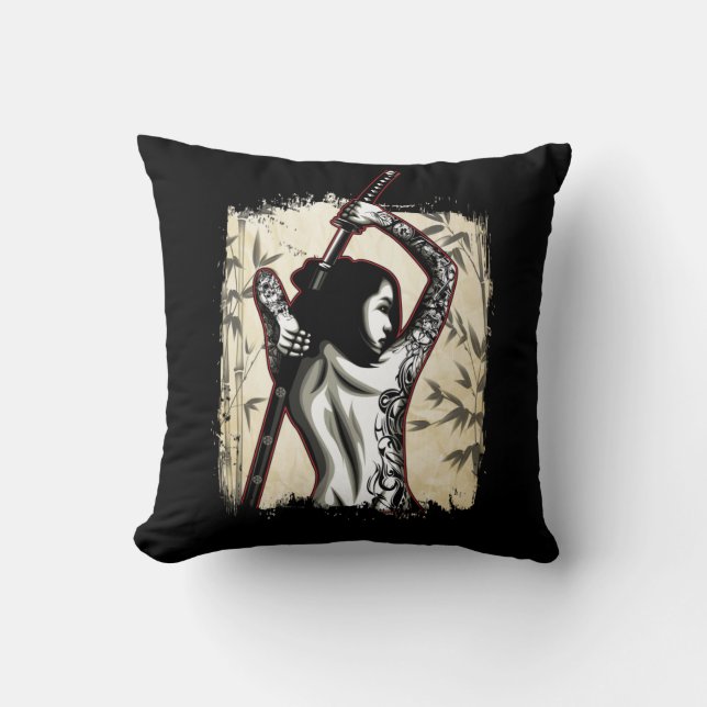 Japanese Samurai Girl Tattooed Female Warrior Throw Pillow (Front)