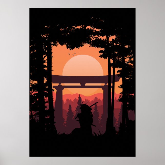 Japanese Samurai In Sunset Poster (Front)