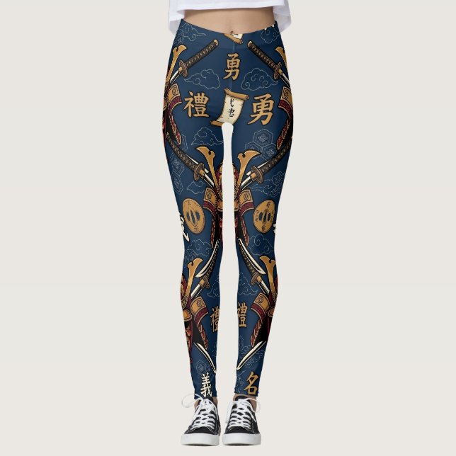 ​Japanese Samurai Mask and Katana Pattern Leggings (Front)