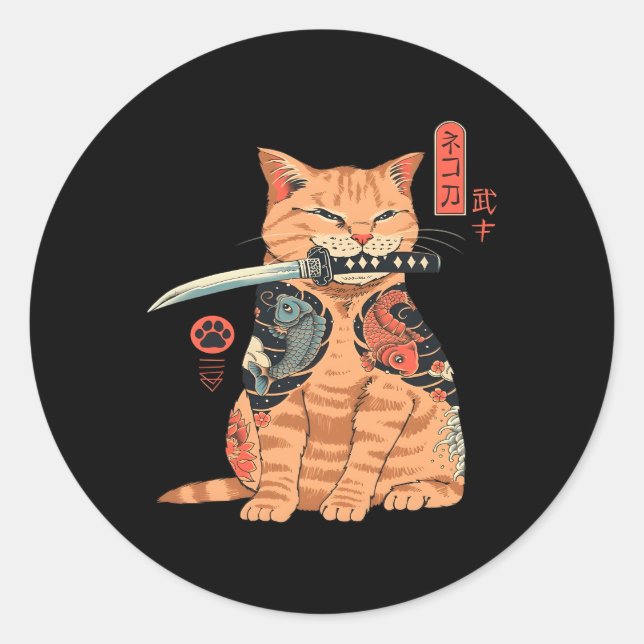 Japanese Samurai Ninja Cat Kawaii Tattoo Classic Round Sticker (Front)