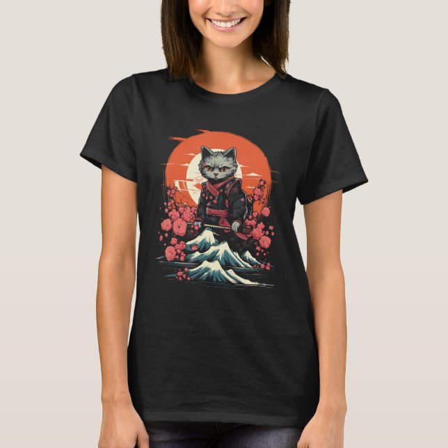 Japanese Samurai Ninja Cat Retro Tattoo Graphic 34 T-Shirt (Front)
