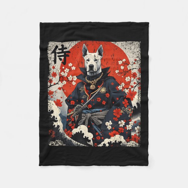 Japanese Samurai Pitbull Tattoo Kawaii Ukiyo-e Nin Fleece Blanket (Front)