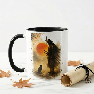 Japanese Samurai Warrior & Black Cat Coffee Mug