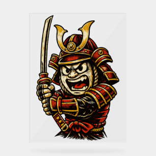 Japanese Samurai Warrior Red Armor Cartoon Art Acrylic Sign