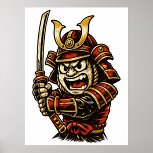 Japanese Samurai Warrior Red Armor Cartoon Art Poster
