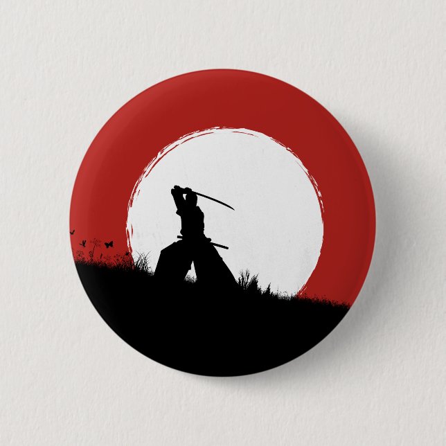 Japanese Samurai Warrior Silhouette Sun Button Pin (Front)