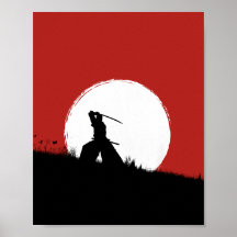 Japanese Samurai Warrior Silhouette Sun Poster Art